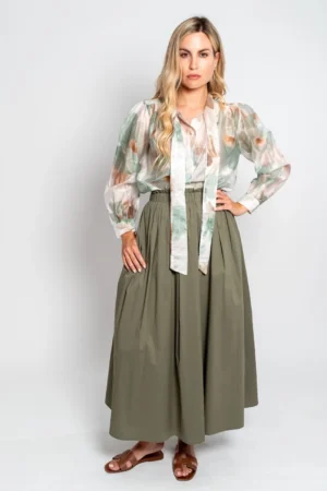 Σετ Βαμβακερή Φούστα & Ημιδιάφανο Floral Πουκάμισο - Βαμβακερή Φούστα με Λάστιχο στη Μέση - Ημιδιάφανο Floral Πουκάμισο